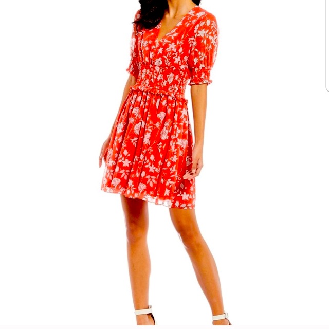 Gianni Bini Floral Smocking Shirred Waist Shirred Balloon Sleeve Dress Size 8